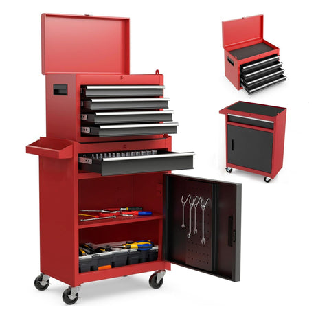 5 - Drawer Rolling Tool Storage Cabinet with Detachable Top Tool Box Liner Universal Lockable Wheels Adjustable Shelf Locking Mechanism - Red - Fab Heavy Parts