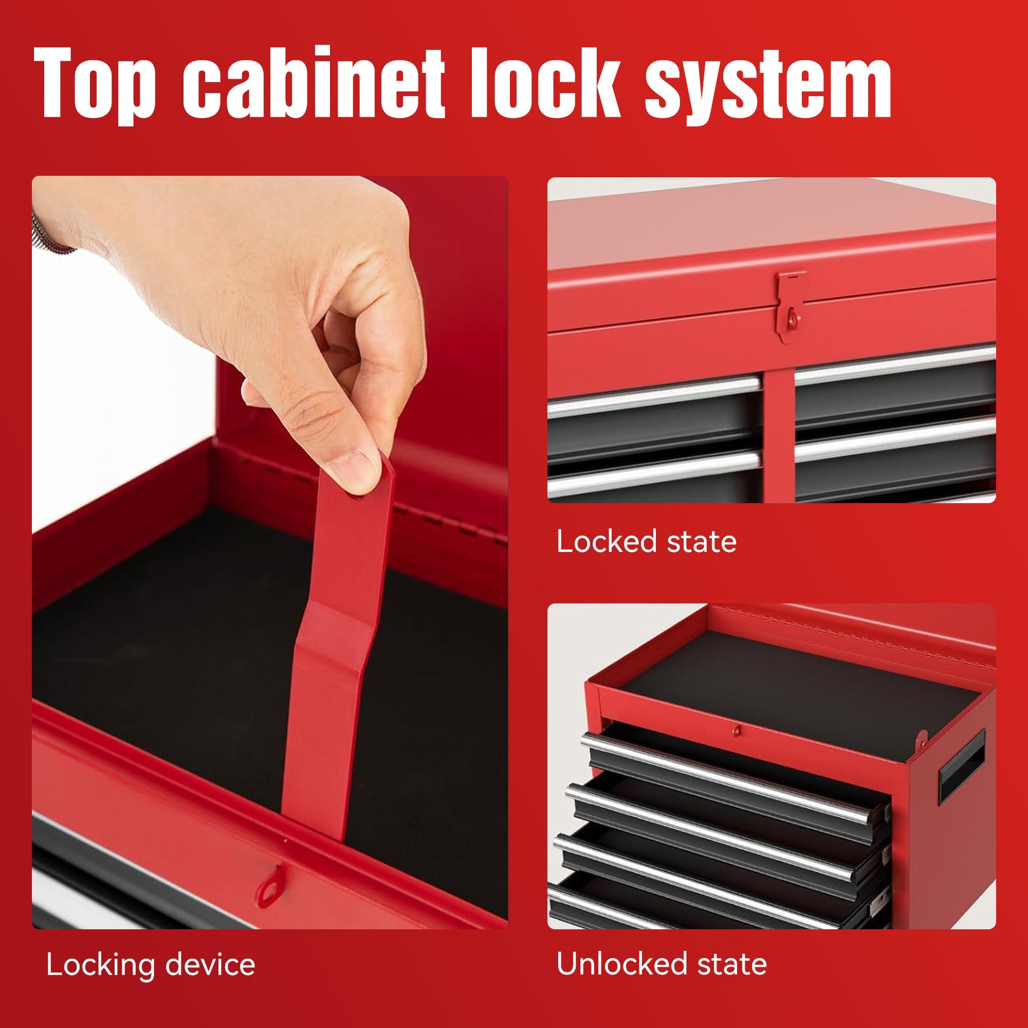5 - Drawer Rolling Tool Storage Cabinet with Detachable Top Tool Box Liner Universal Lockable Wheels Adjustable Shelf Locking Mechanism - Red - Fab Heavy Parts