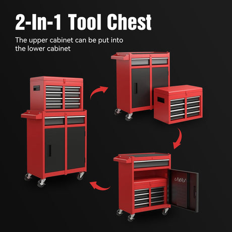 5 - Drawer Rolling Tool Storage Cabinet with Detachable Top Tool Box Liner Universal Lockable Wheels Adjustable Shelf Locking Mechanism - Red - Fab Heavy Parts