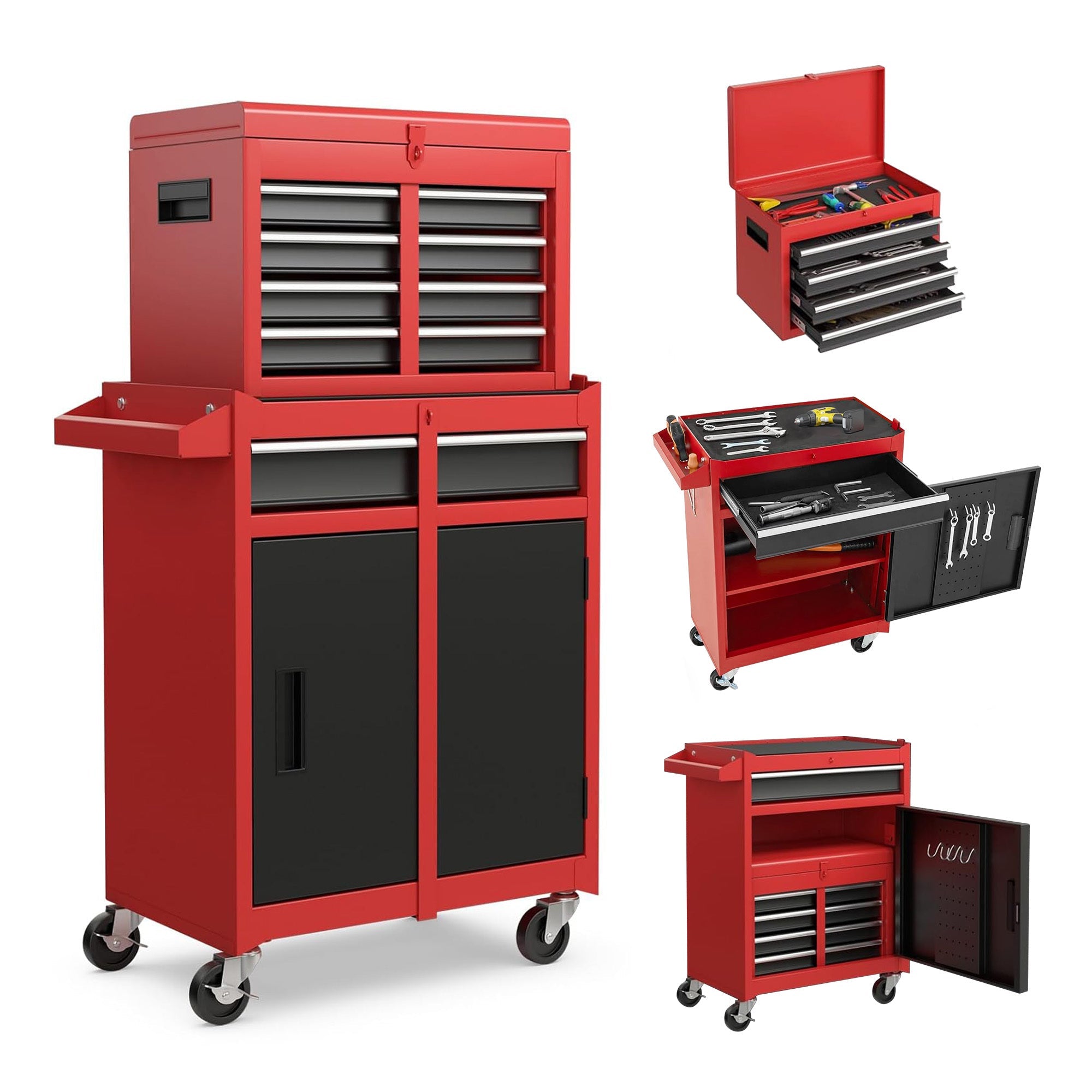5 - Drawer Rolling Tool Storage Cabinet with Detachable Top Tool Box Liner Universal Lockable Wheels Adjustable Shelf Locking Mechanism - Red - Fab Heavy Parts