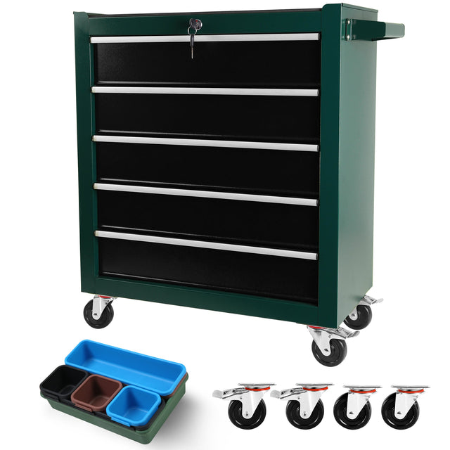 5 - Drawers Rolling Tool Chest Cabinet with Keyed Locking System - Green - Fab Heavy Parts