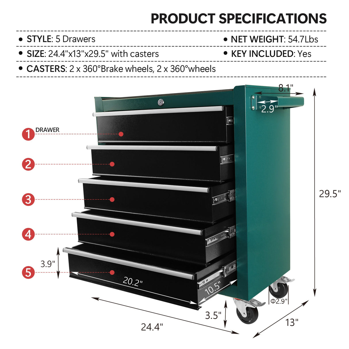 5 - Drawers Rolling Tool Chest Cabinet with Keyed Locking System - Green - Fab Heavy Parts
