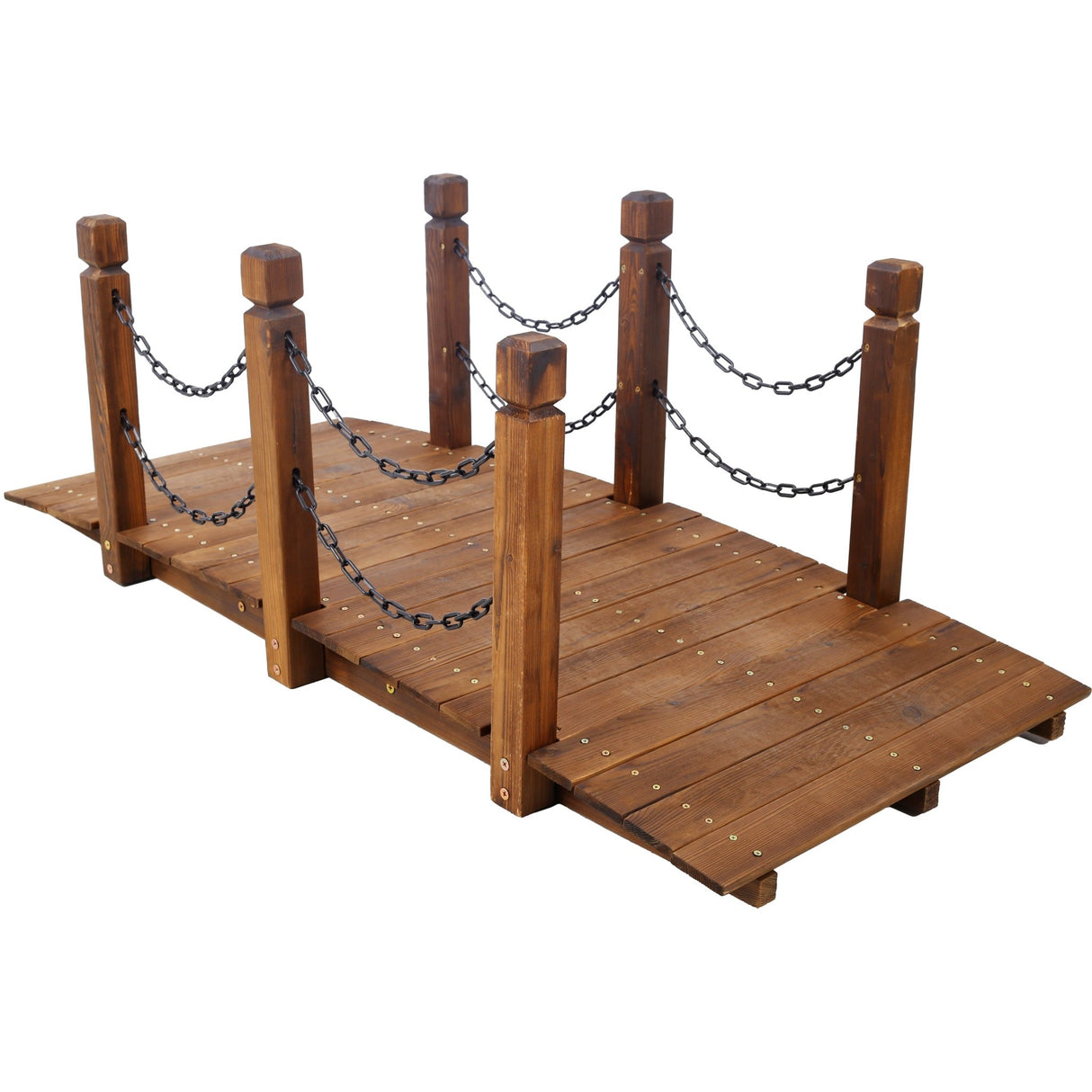 5 FT Wooden Garden Bridge Stained Wood Arc Footbridge with Chain Railings Easy to Assemble - Brown - Fab Heavy Parts