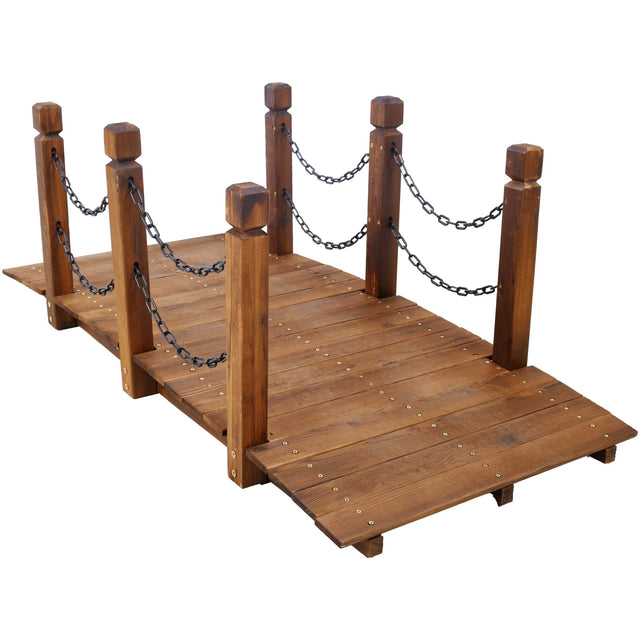 5 FT Wooden Garden Bridge Stained Wood Arc Footbridge with Chain Railings Easy to Assemble - Brown - Fab Heavy Parts