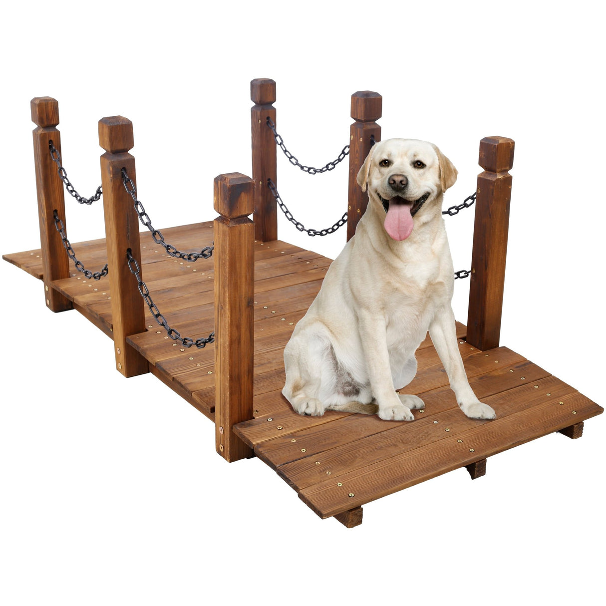 5 FT Wooden Garden Bridge Stained Wood Arc Footbridge with Chain Railings Easy to Assemble - Brown - Fab Heavy Parts