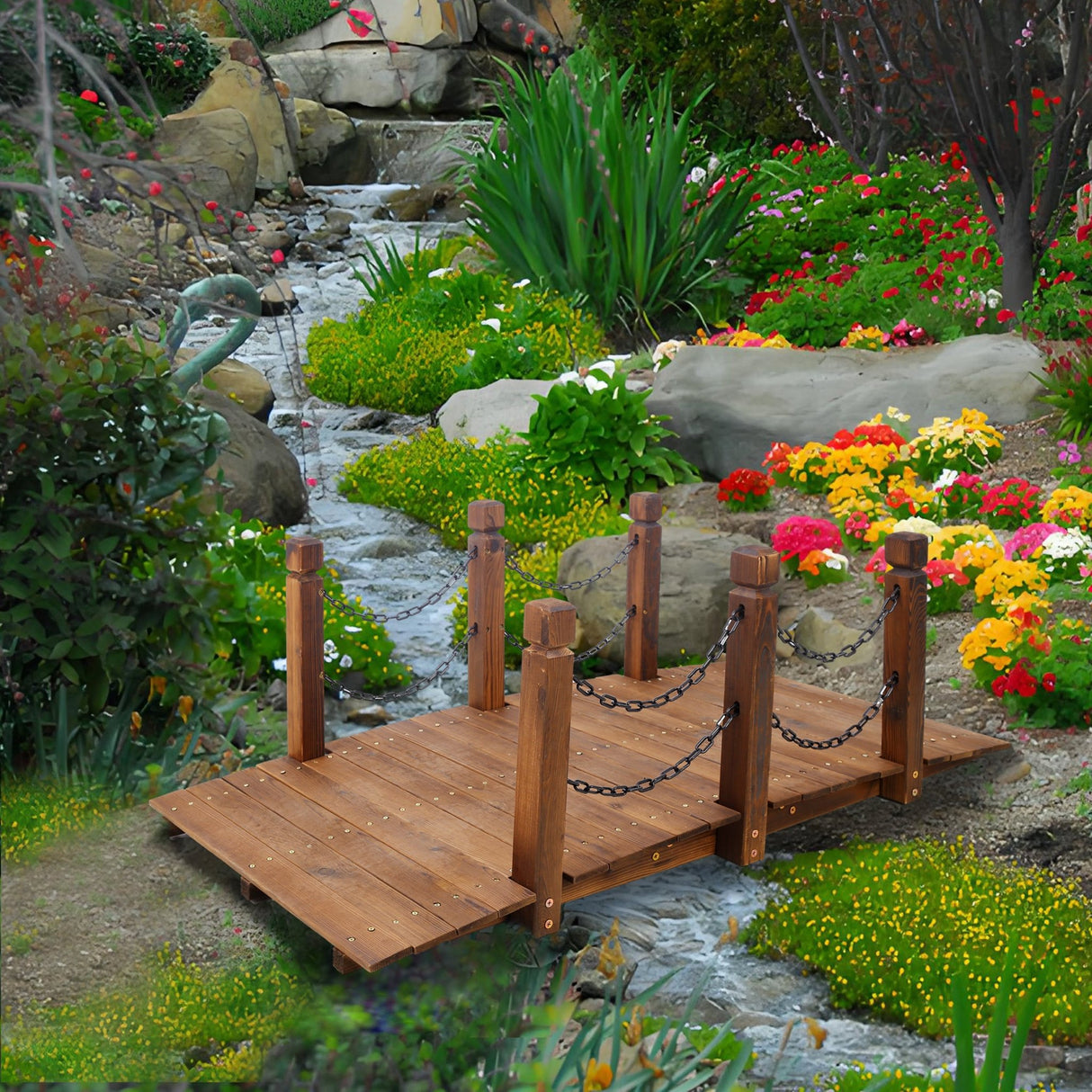 5 FT Wooden Garden Bridge Stained Wood Arc Footbridge with Chain Railings Easy to Assemble - Brown - Fab Heavy Parts