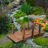 5 FT Wooden Garden Bridge Stained Wood Arc Footbridge with Chain Railings Easy to Assemble - Brown - Fab Heavy Parts