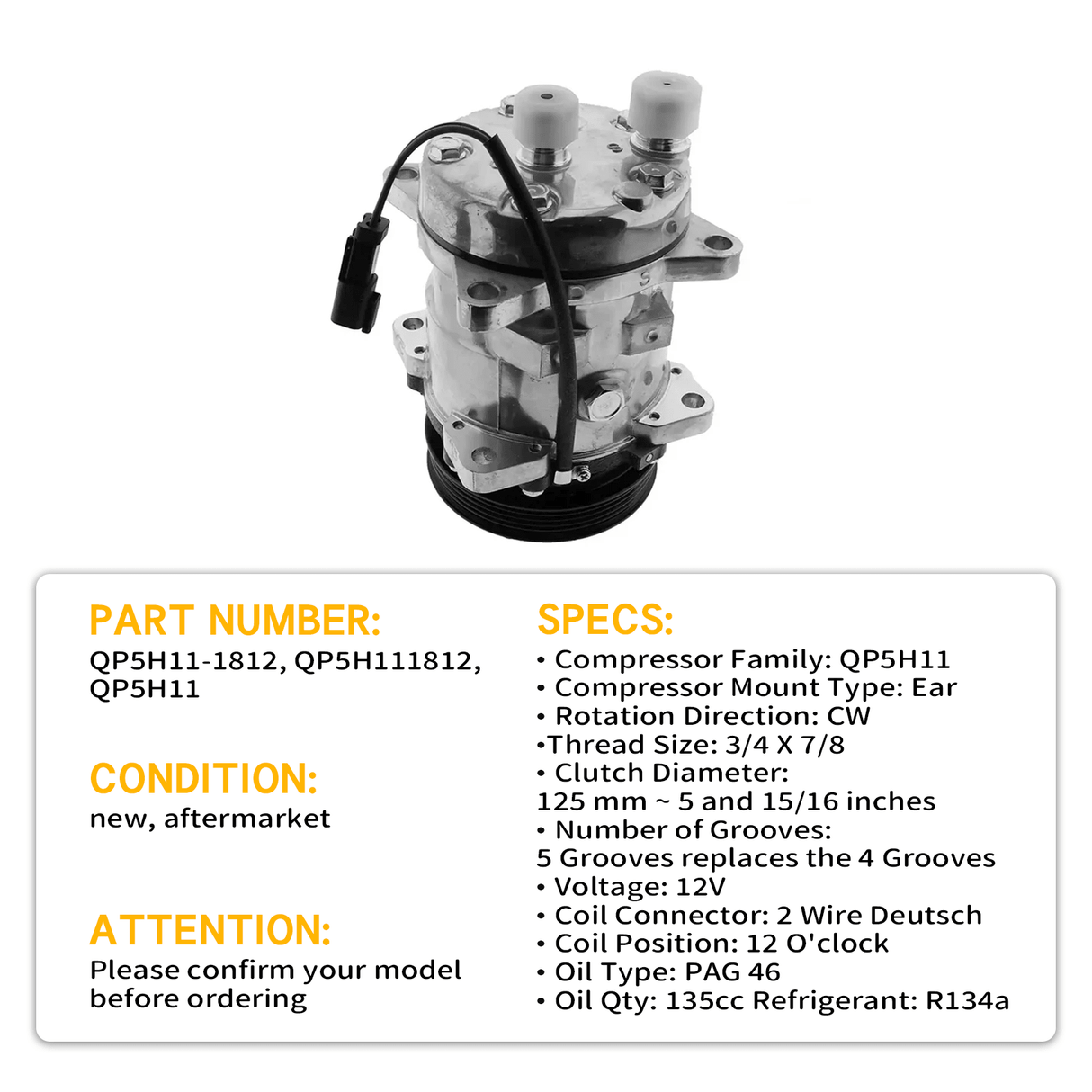 5 Groove A/C Compressor QP5H11 - 1812 Aftermarket Replacement For Bobcat S550 S570 S590 S595 T550 T590 T595 E50 - Fab Heavy Parts