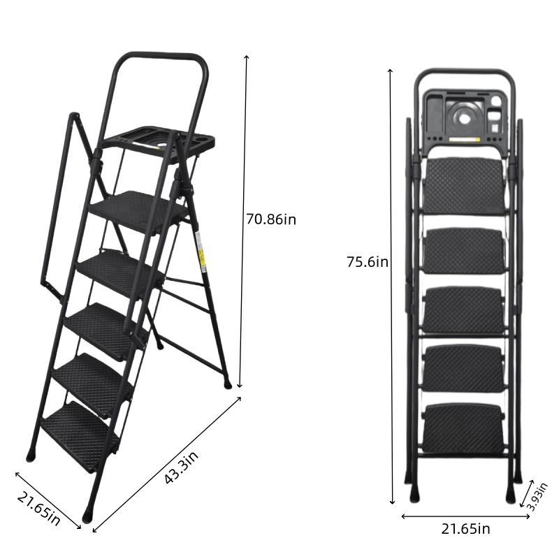 5 - Step Ladder Foldable Step Stool with Tool Tray and Wide Non Slip Pedals Sturdy Steel - Fab Heavy Parts