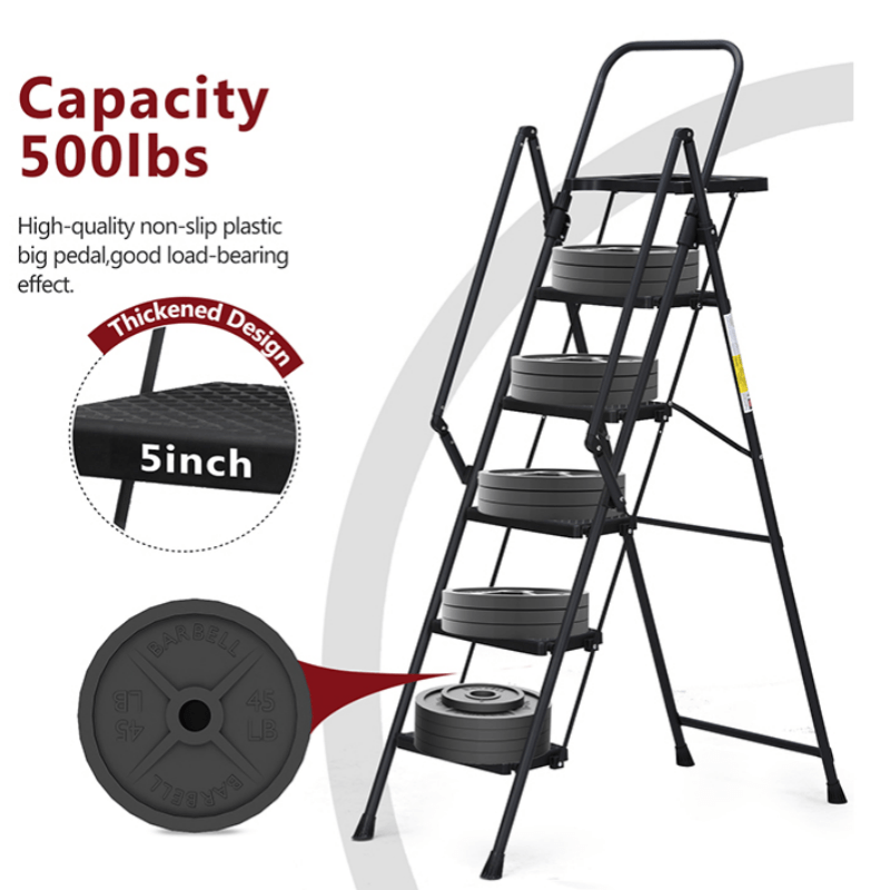 5 - Step Ladder Foldable Step Stool with Tool Tray and Wide Non Slip Pedals Sturdy Steel - Fab Heavy Parts