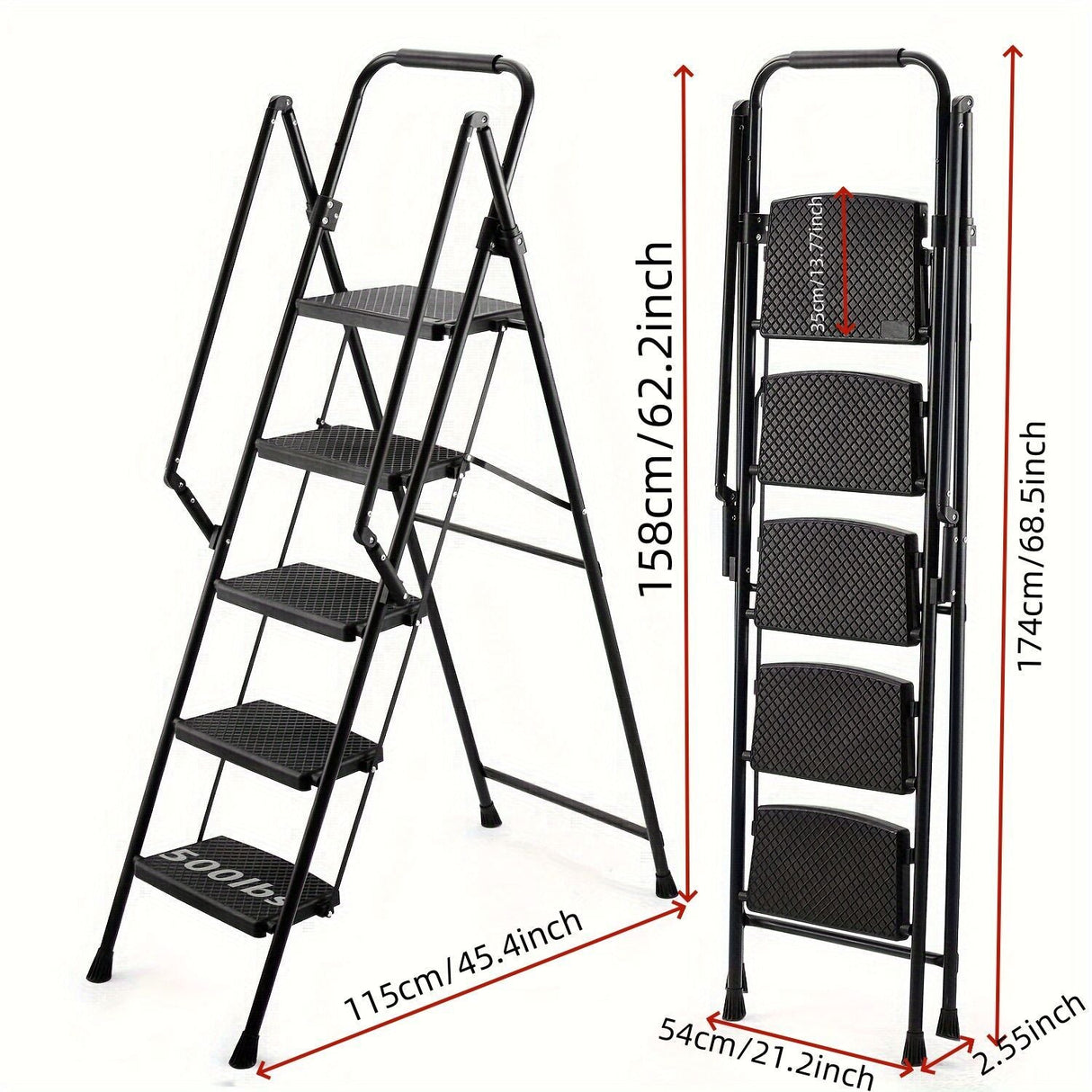 5 - Step Ladder Folding Stool with Anti Slip Wide Pedals 300 Lbs Capacity Portable Steel - Black - Fab Heavy Parts