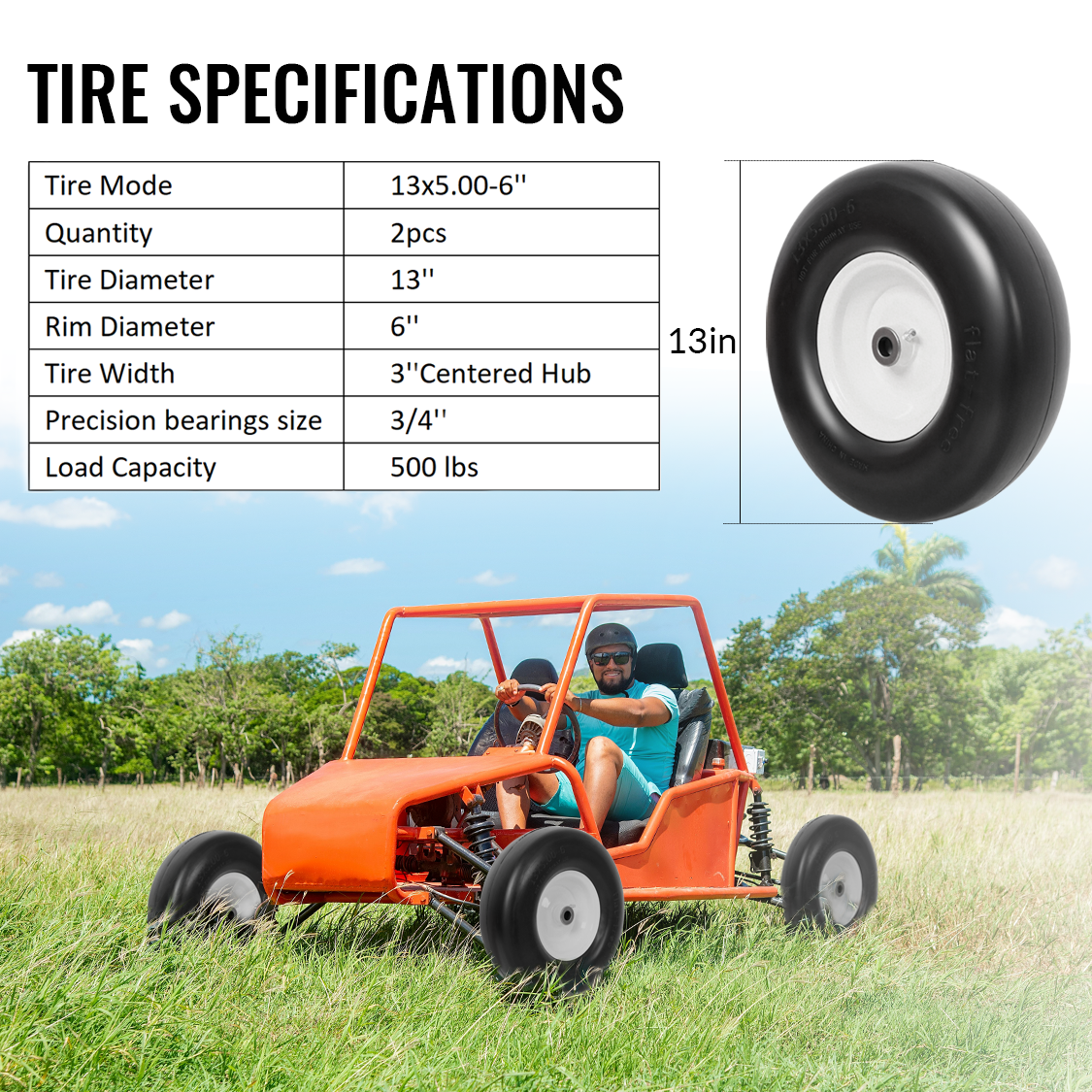 2PCS 13x5.00-6" Flat Free Lawn Mower Tires Smooth Tread 3/4" Bearing 3" Central Hub 500 LB Capacity per pc.