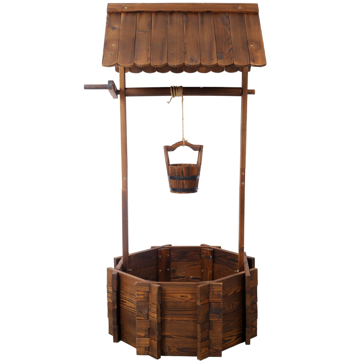 53 Inch Height Rustic Wooden Wishing Well Planter with Hanging Bucket - Brown - Fab Heavy Parts