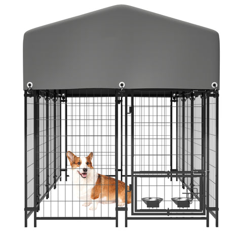 Dog Kennel Outdoor with Roof 4.23'x7.81'x4.83' Welded Wire Enclosure Heavy Duty Dog Crate with UV-Resistant Waterproof Cover Double Lock & Rotating Feeder for Medium/Large Dogs