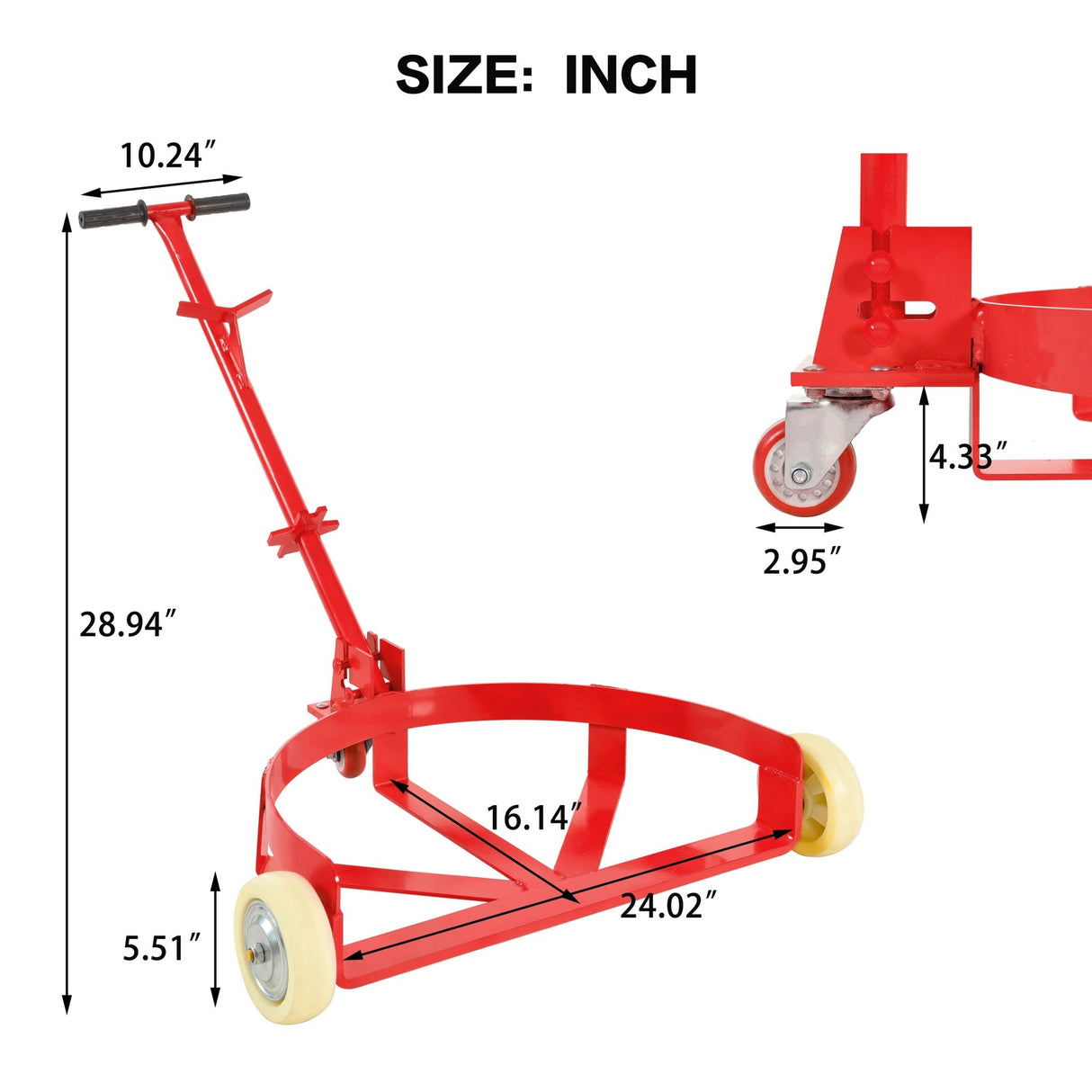 55 Gallon Drum Dolly with 2 Fixed PU Wheels and 1 Swivel Wheel 1200lbs Capacity - Red - Fab Heavy Parts