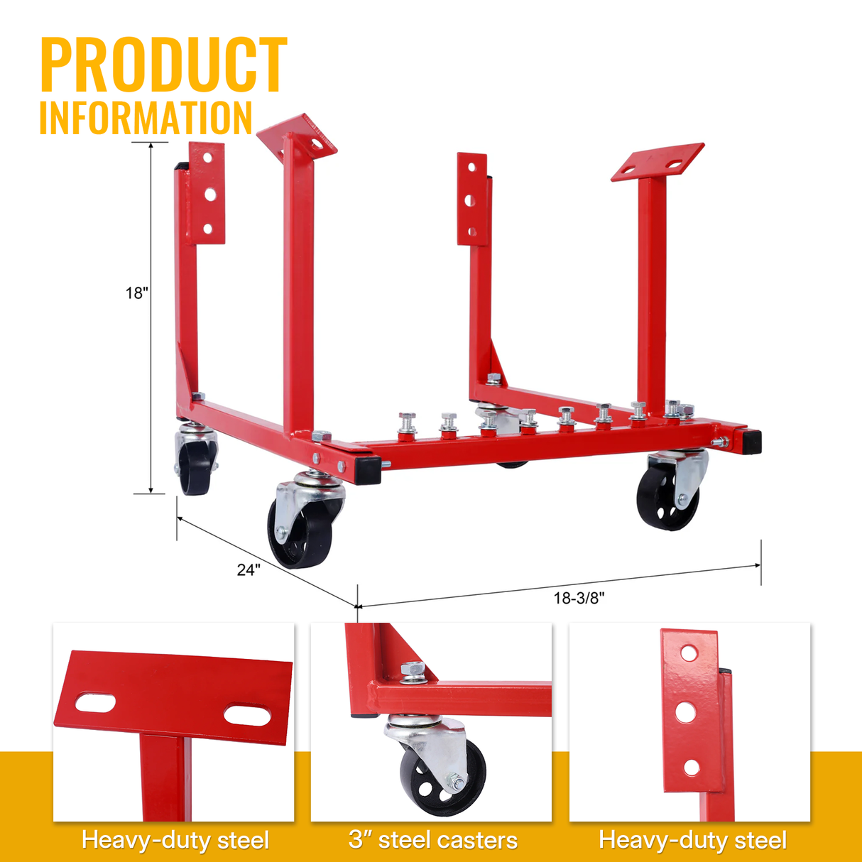 Cuna del motor con ruedas Chevy Small Block y Big Block Powder Coat 3in Heshy Services 1000 Lbs Capacidad-Red