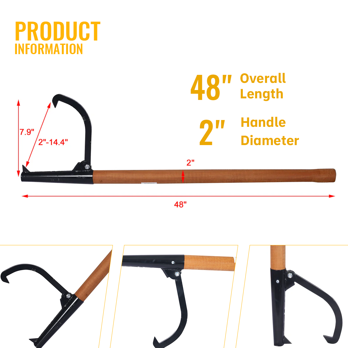 Log Peavy Cant Hook 48" Peavey Point Logging Tool Roller 15in Opening Black