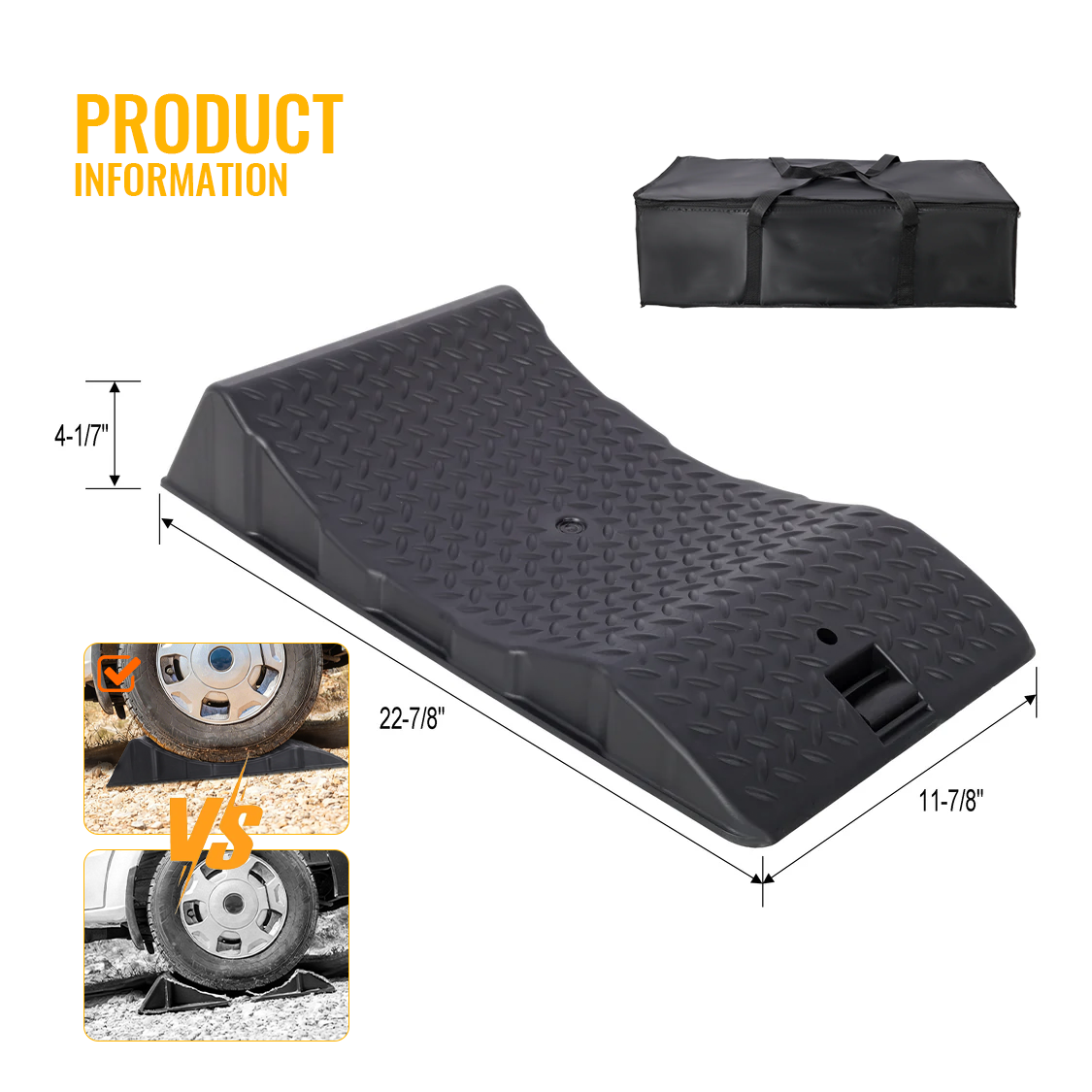 Paquete de 4 rampas protectoras para neumáticos de coche, diseño de plástico duro antideslizante con bolsa de transporte, color negro