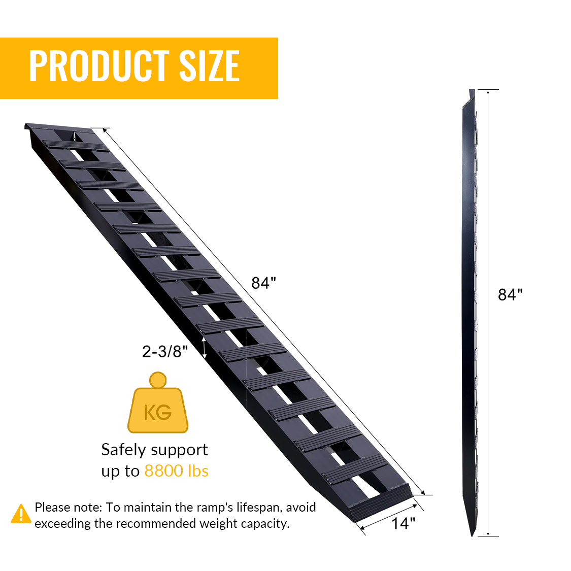 Rampas de servicio pesado de 1 par con extremo de fijación con gancho superior, carga universal 84" incógnita 14" 8800 libras de aluminio negro