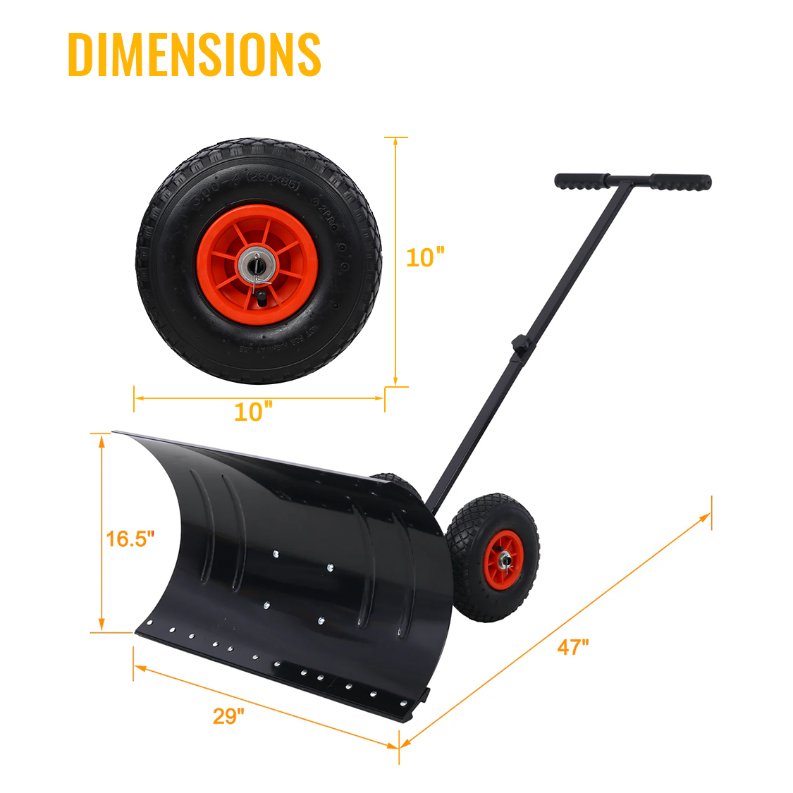 Snow Shovel Pusher with Wheels Cushioned Adjustable Angle Handle Removal Tool 29" Blade 10" Wheels Black