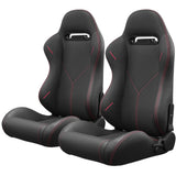 2PCS Universal Bucket Racing Seats Stitch Red PVC Leather Reclinable Carbon Look Leather Back With Adjustor Slider(Not Including Seat Bracket)