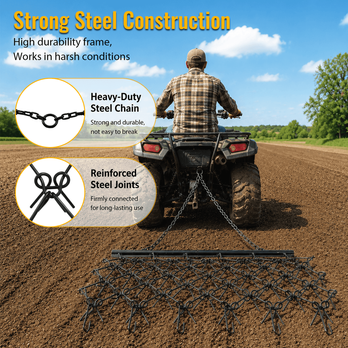 5FTX4.5FT Heavy-Duty Steel Drag Harrow Field Leveling Chain Rake for ATV UTV Compact Utility Tractor - Fab Heavy Parts