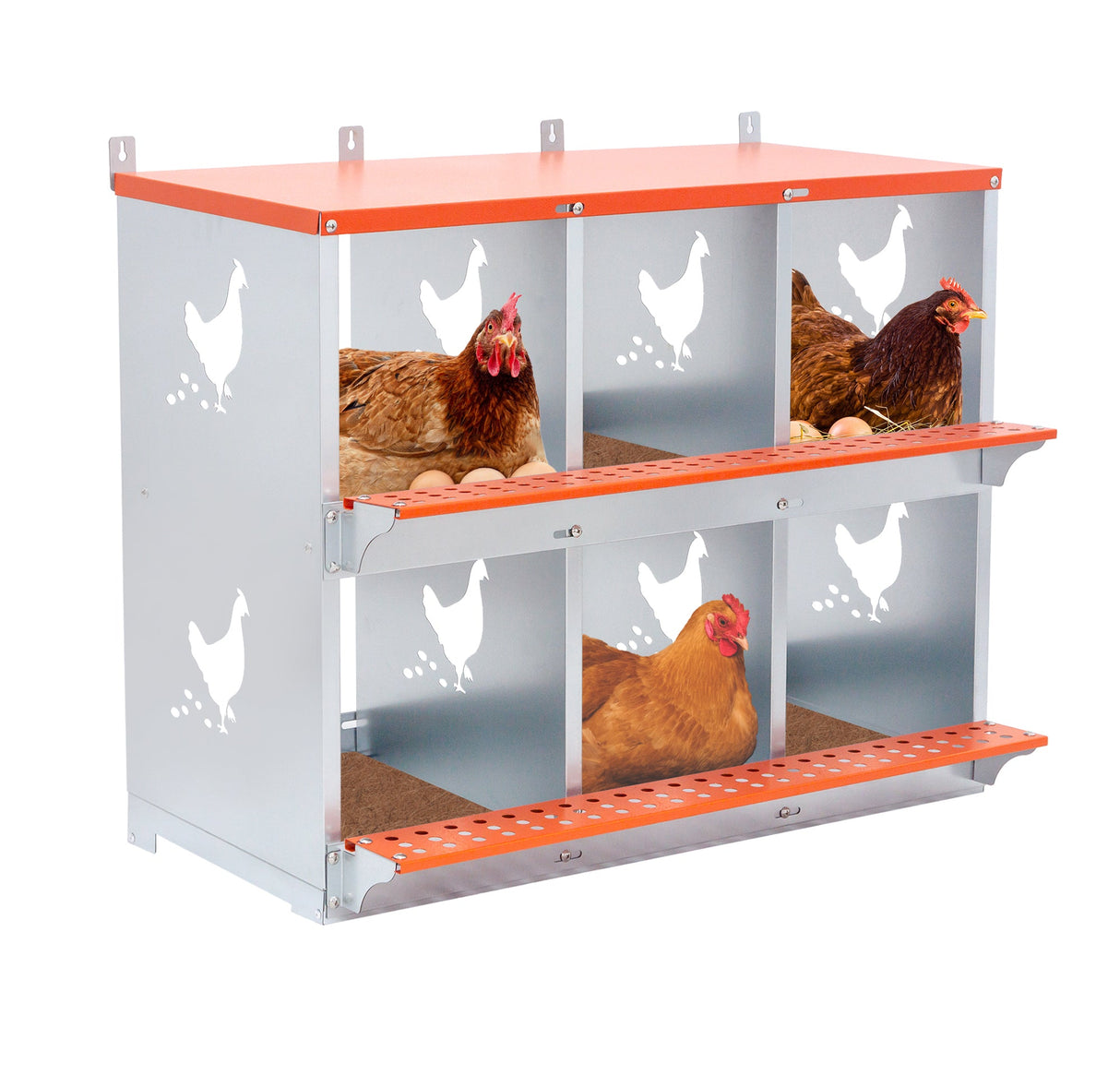 6 - Bay Metal Chicken Nesting Box Wall Mount Easy Egg Collection Vented Galvanized Steel - Orange - Fab Heavy Parts