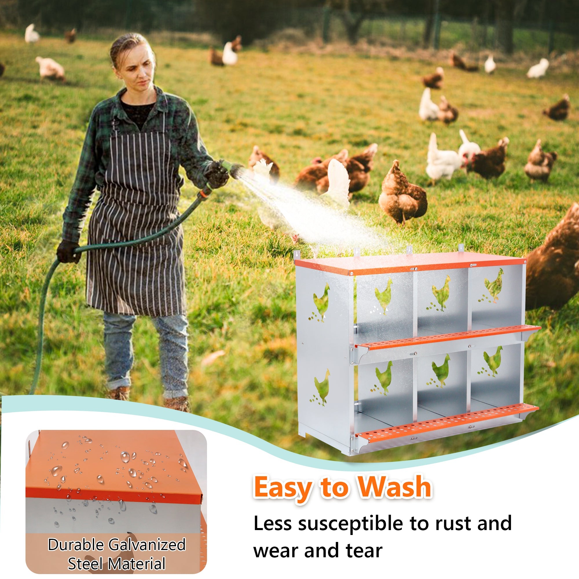 6 - Bay Metal Chicken Nesting Box Wall Mount Easy Egg Collection Vented Galvanized Steel - Orange - Fab Heavy Parts