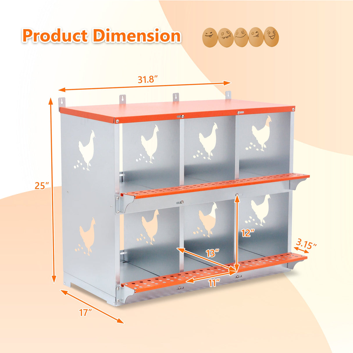 6 - Bay Metal Chicken Nesting Box Wall Mount Easy Egg Collection Vented Galvanized Steel - Orange - Fab Heavy Parts