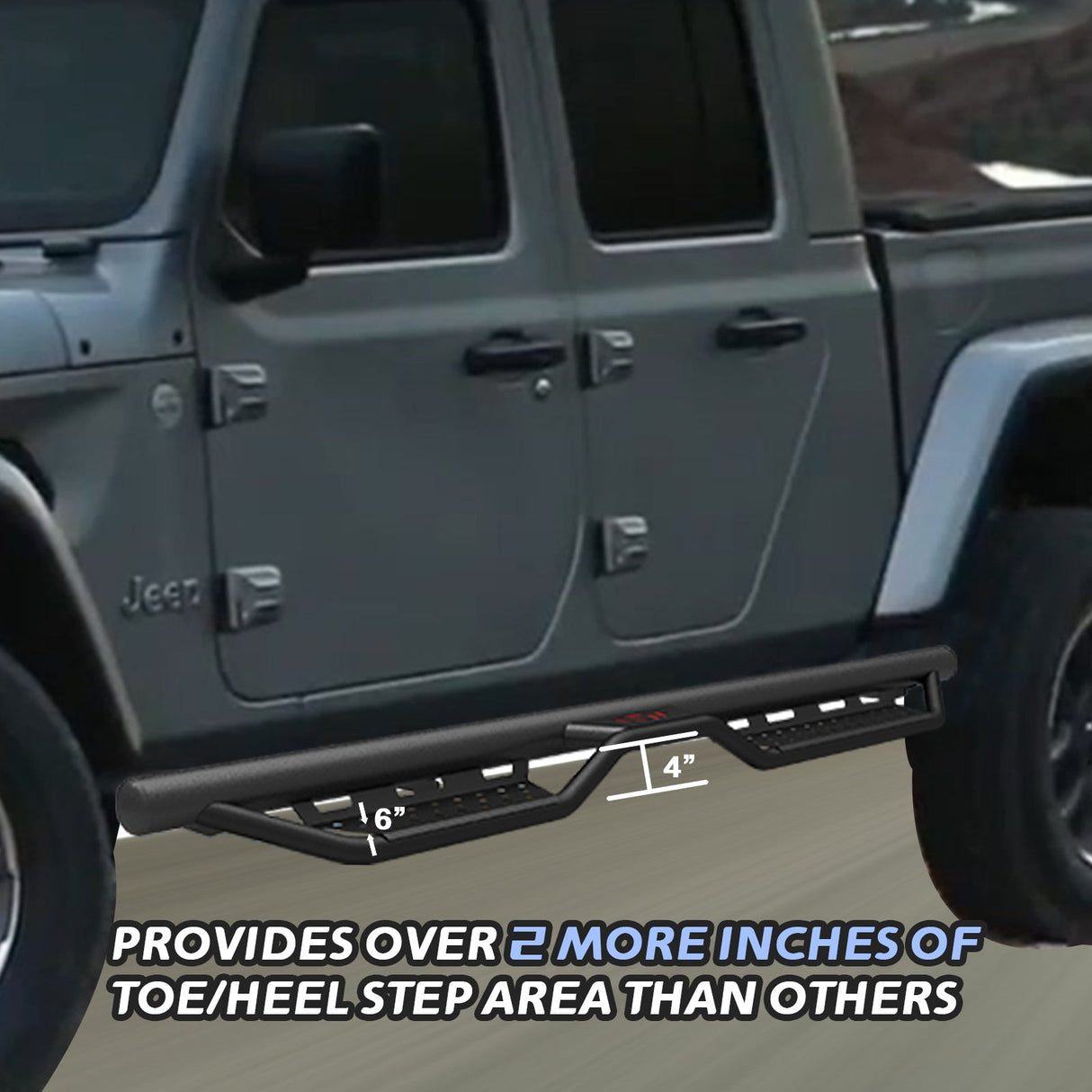 6 Inch Running Boards Fits For 2018 - 2025 Jeep Gladiator JT 4 Full Size Doors Two Stairs Coated Black Powder Coated Side Steps - Fab Heavy Parts
