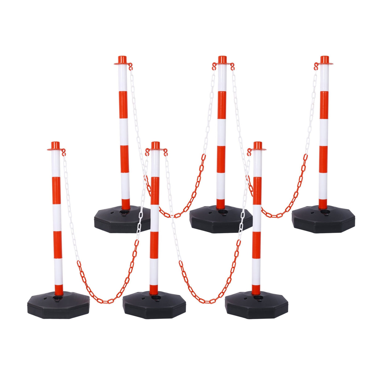 6 Pack Traffic Delineator Post Cones with Fillable Base Adjustable Safety Barrier with 5Ft Plastic Chain - White+Red - Fab Heavy Parts