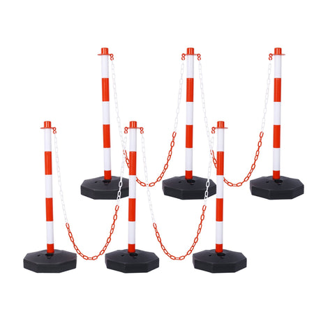 6 Pack Traffic Delineator Post Cones with Fillable Base Adjustable Safety Barrier with 5Ft Plastic Chain - White+Red - Fab Heavy Parts