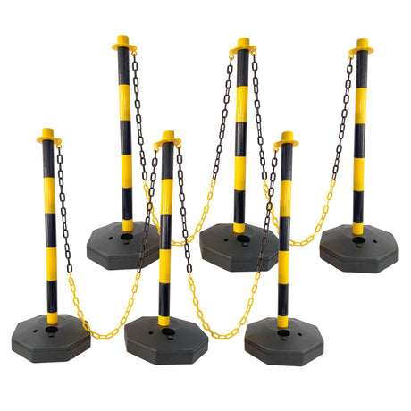 6 Pack Traffic Delineator Post Cones with Fillable Base Adjustable Safety Barrier with 5Ft Plastic Chain - Yellow+Black - Fab Heavy Parts