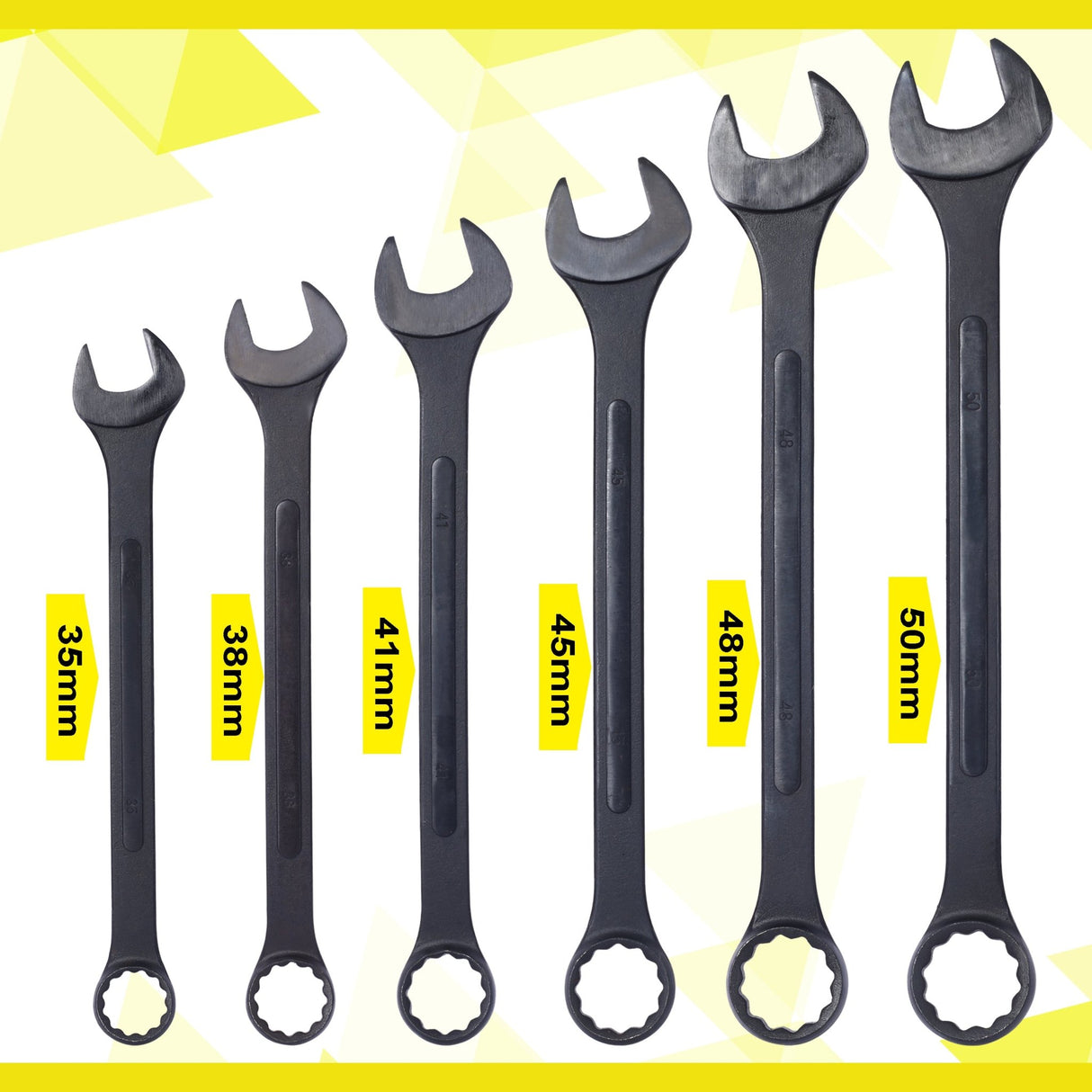 6 PCS Jumbo Combination Wrench Set Extra Large Metric 1 - 3/8'' to 2'' Black Oxide with Pouch - Fab Heavy Parts