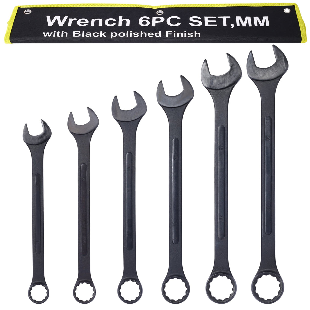 6 PCS Jumbo Combination Wrench Set Extra Large Metric 1 - 3/8'' to 2'' Black Oxide with Pouch - Fab Heavy Parts