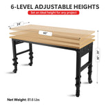 60" ×24'' Adjustable Workbench Heavy - Duty with Power Outlet and Wheels Large Load Capacity Rubber Wood Top - Fab Heavy Parts