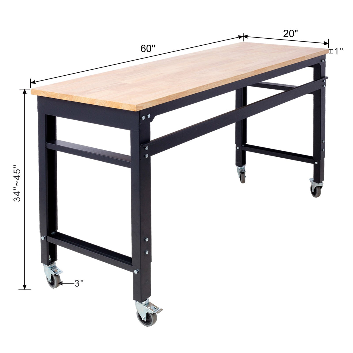 60' Wide Rolling Workbench Adjustable Height Metal with Rubber Wood Top - Fab Heavy Parts