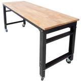 60' Wide Rolling Workbench Adjustable Height Metal with Rubber Wood Top - Fab Heavy Parts