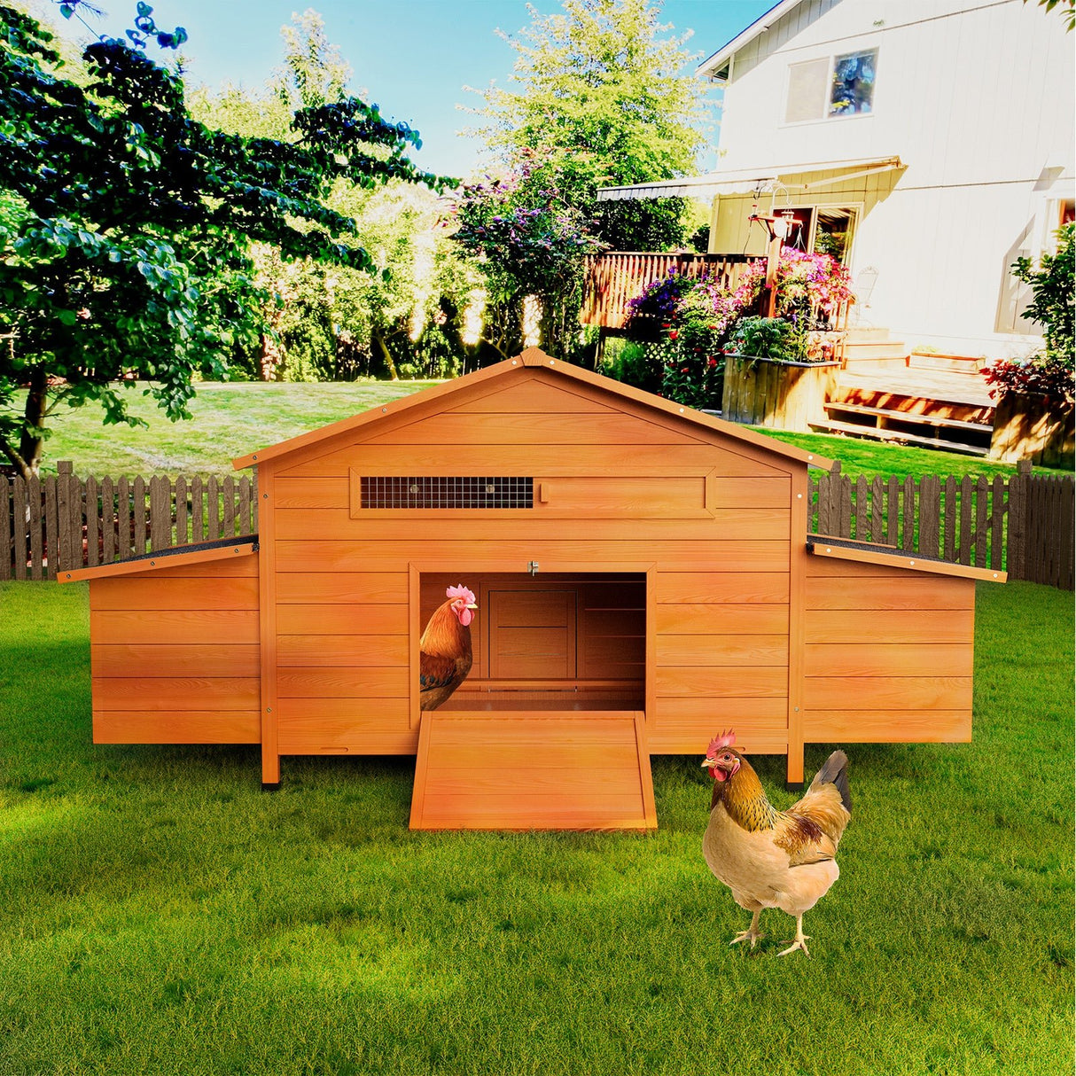 67.7“ Large Wooden Ventilated Chicken Coop with Nesting Box Perch & Pull - Out Tray Waterproof Roof Secure Lock - Fab Heavy Parts