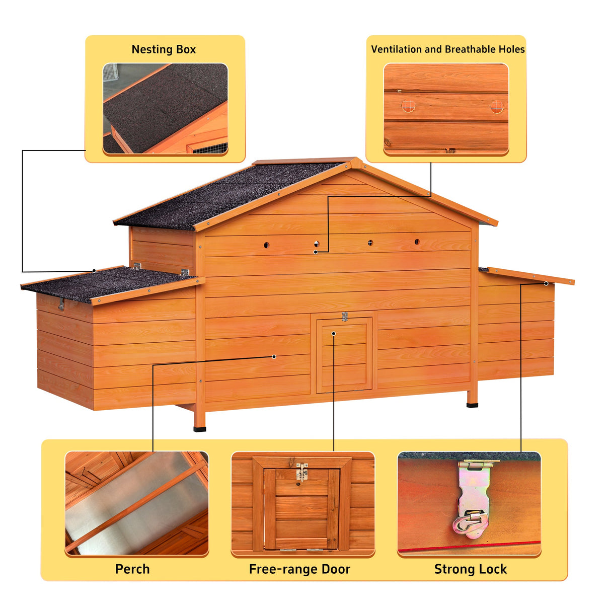 67.7“ Large Wooden Ventilated Chicken Coop with Nesting Box Perch & Pull - Out Tray Waterproof Roof Secure Lock - Fab Heavy Parts