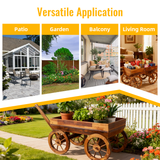Wood Wagon Flower Planter Pot Stand w/ wheels-茶色