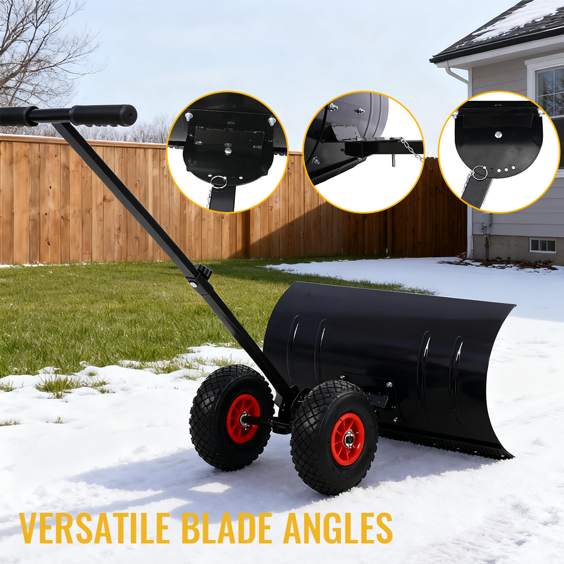 Snow Shovel Pusher with Wheels Cushioned Adjustable Angle Handle Removal Tool 29" Blade 10" Wheels Black