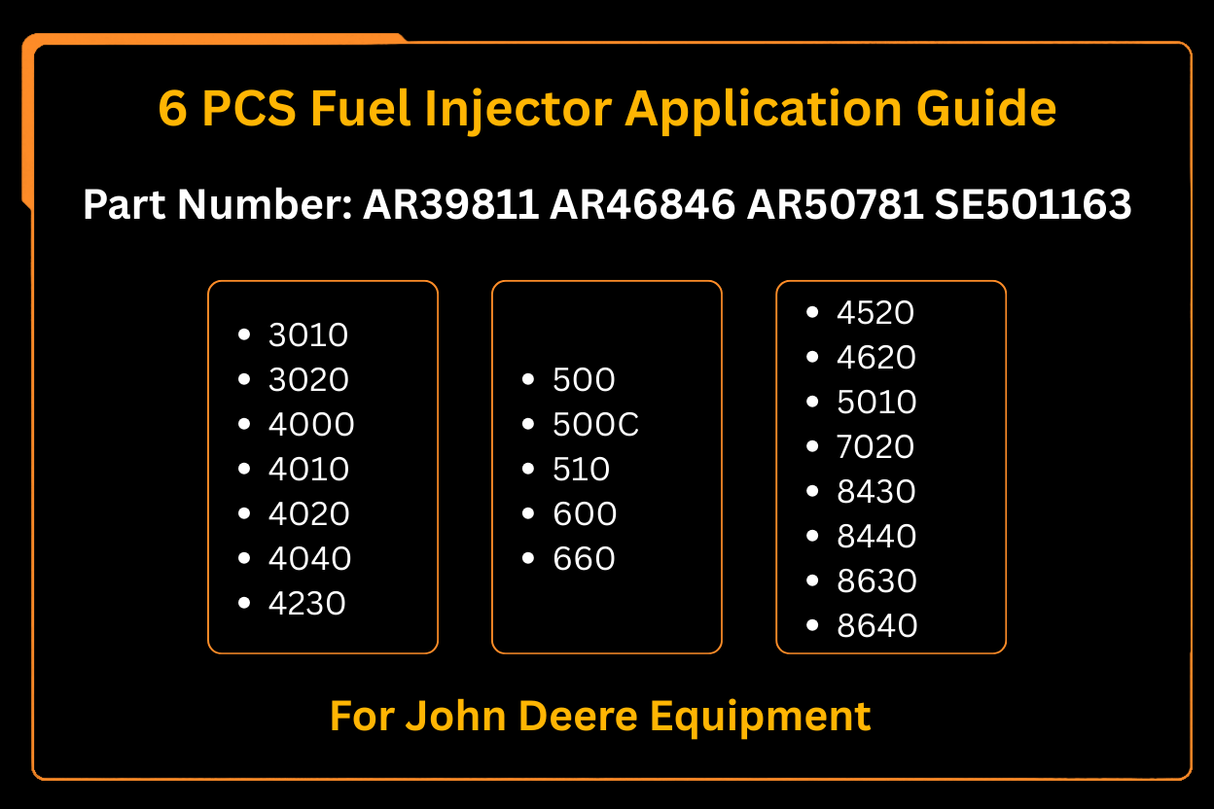 6 PCS Fuel Injector AR39811 AR46846 AR50781 SE501163 Fits for John Deere 3010 3020 4000 4010 4020 4040 4230 500 500C 510 600 660