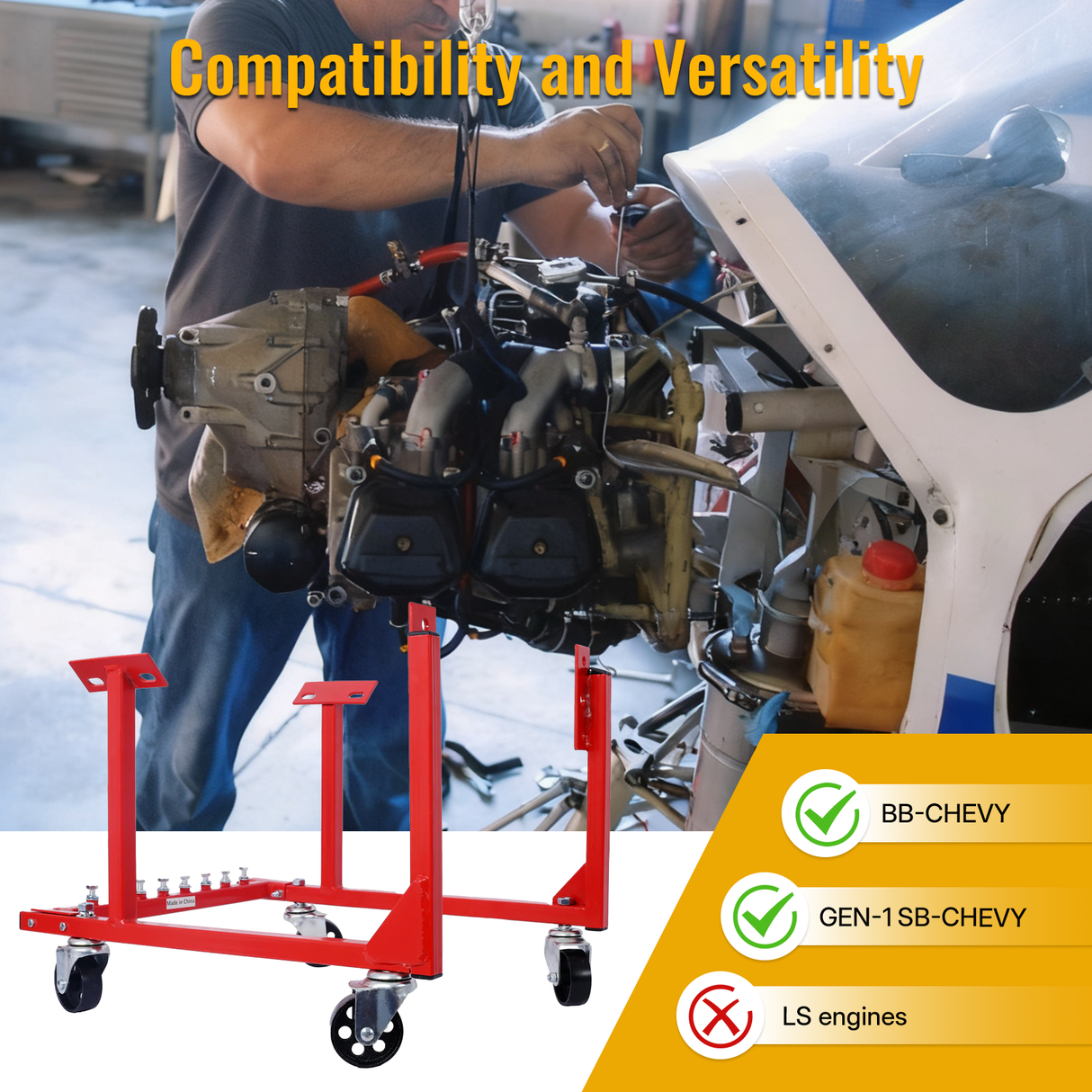 Cuna del motor con ruedas Chevy Small Block y Big Block Powder Coat 3in Heshy Services 1000 Lbs Capacidad-Red