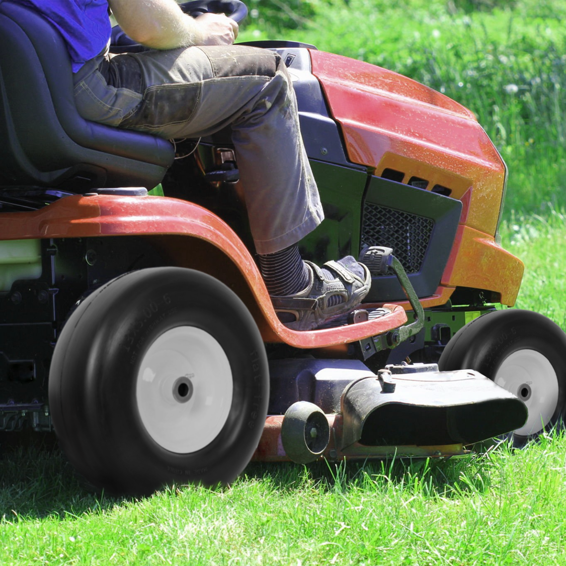 2PCS 13x5.00-6" Flat Free Lawn Mower Tires Smooth Tread 3/4" Bearing 3" Central Hub 500 LB Capacity per pc.