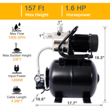 1.6HP Shallow Well Pump with Pressure Tank Garden Water Pump Irrigation Pump Automatic Stainless Steel Head
