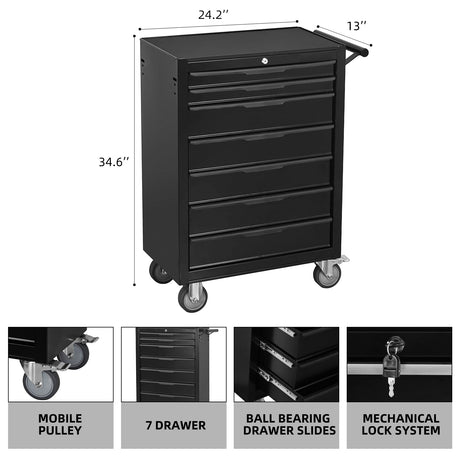 7 - Drawer Rolling Tool Chest Cabinet with Wheels and Cylinder Locking 700 Lbs Capacity Metal - Black - Fab Heavy Parts