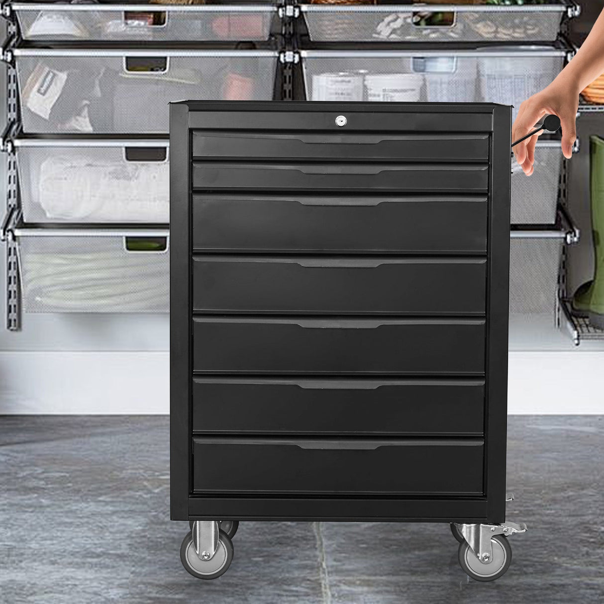 7 - Drawer Rolling Tool Chest Cabinet with Wheels and Cylinder Locking 700 Lbs Capacity Metal - Black - Fab Heavy Parts