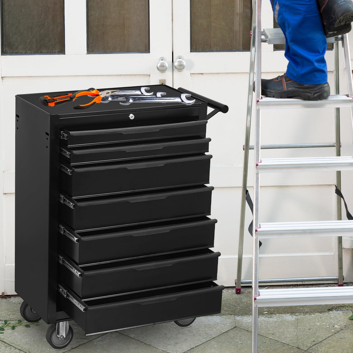 7 - Drawer Rolling Tool Chest Cabinet with Wheels and Cylinder Locking 700 Lbs Capacity Metal - Black - Fab Heavy Parts