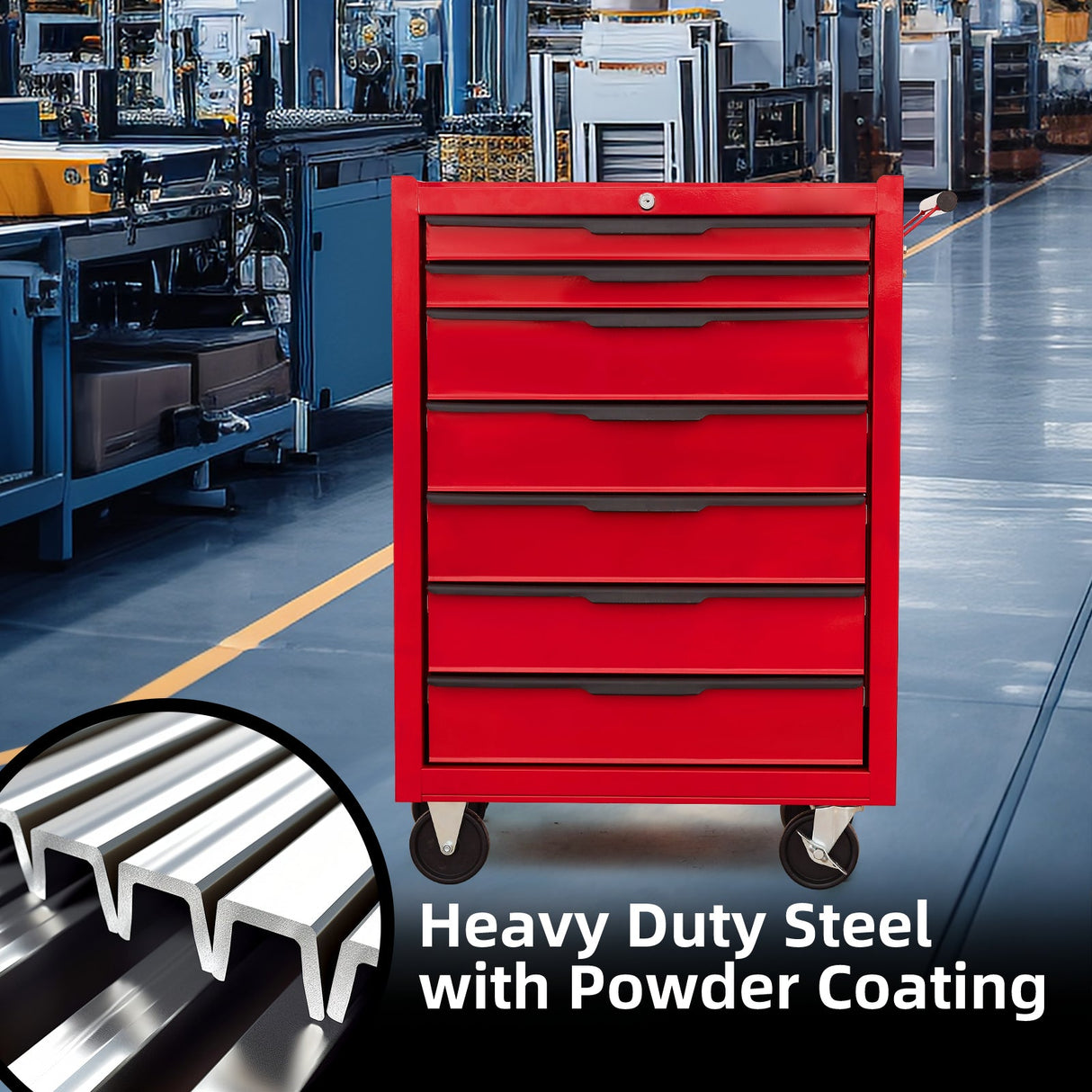7 - Drawer Rolling Tool Chest Cabinet with Wheels and Cylinder Locking 700 Lbs Capacity Metal - Red - Fab Heavy Parts